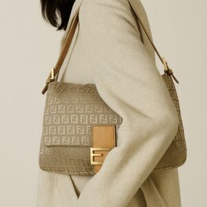 Authentic FENDI Mama Beige Monogram FF Zucchino Canvas Single Shoulder B…